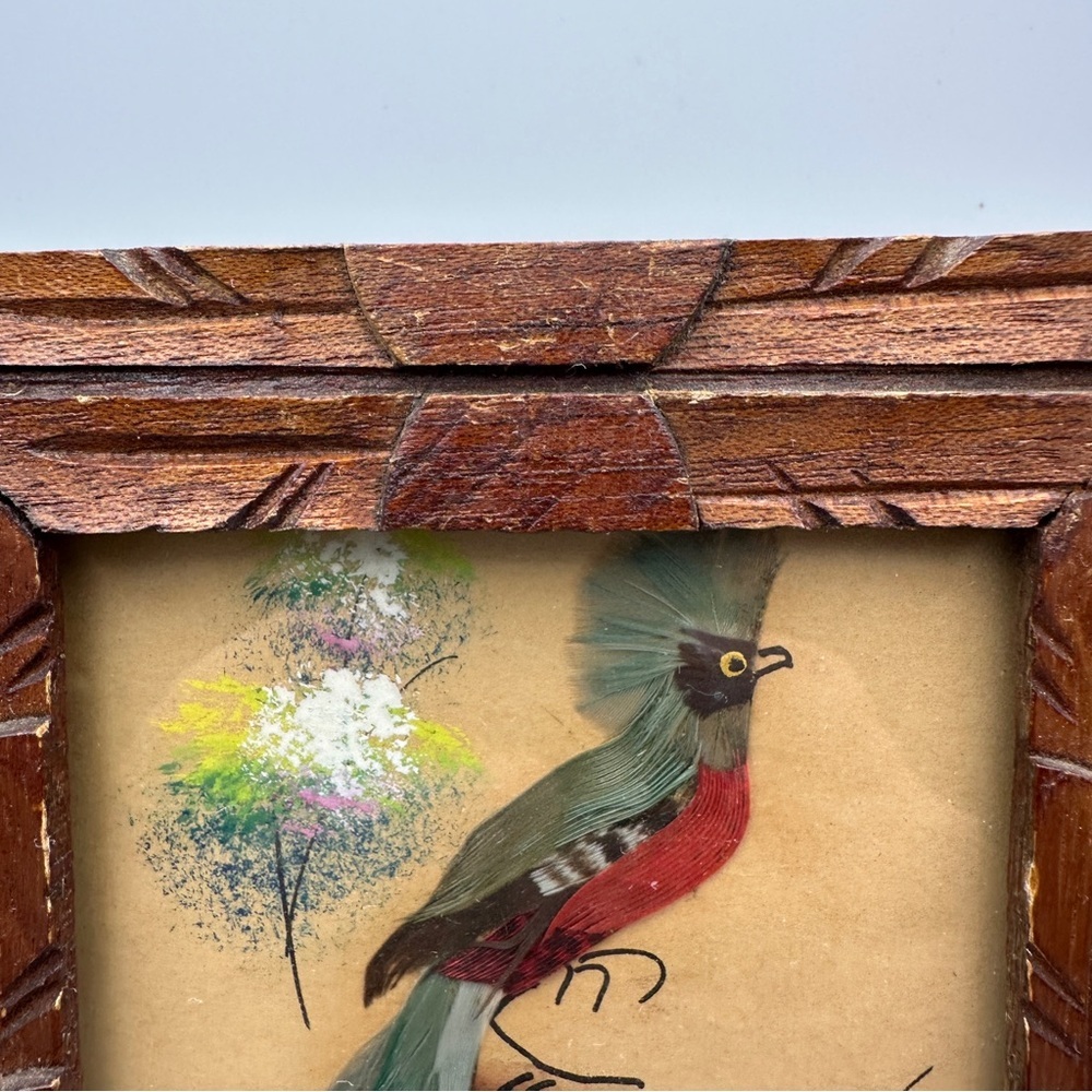 Vibrant Vintage Mexican Folk Art Feather Craft Blue Bird Picture Carved Frame - Picture 6 of 14